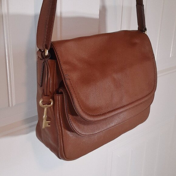 Fossil Peyton Double Flap Crossbody Bag Tan Brown Leather - Picture 5 of 16